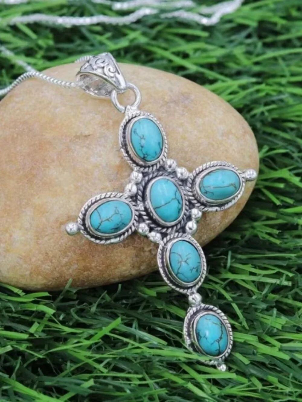 NWT Vintage Boho Silver Tone Faux Turquoise Cross Pendant Necklace Southwest